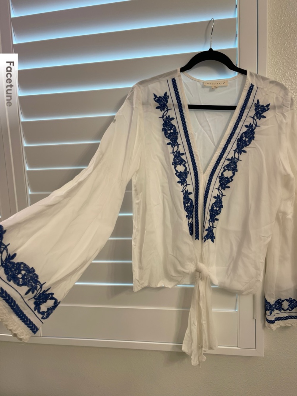 lovestitch White Tie-Front Boho Blouse with Blue Embroidery